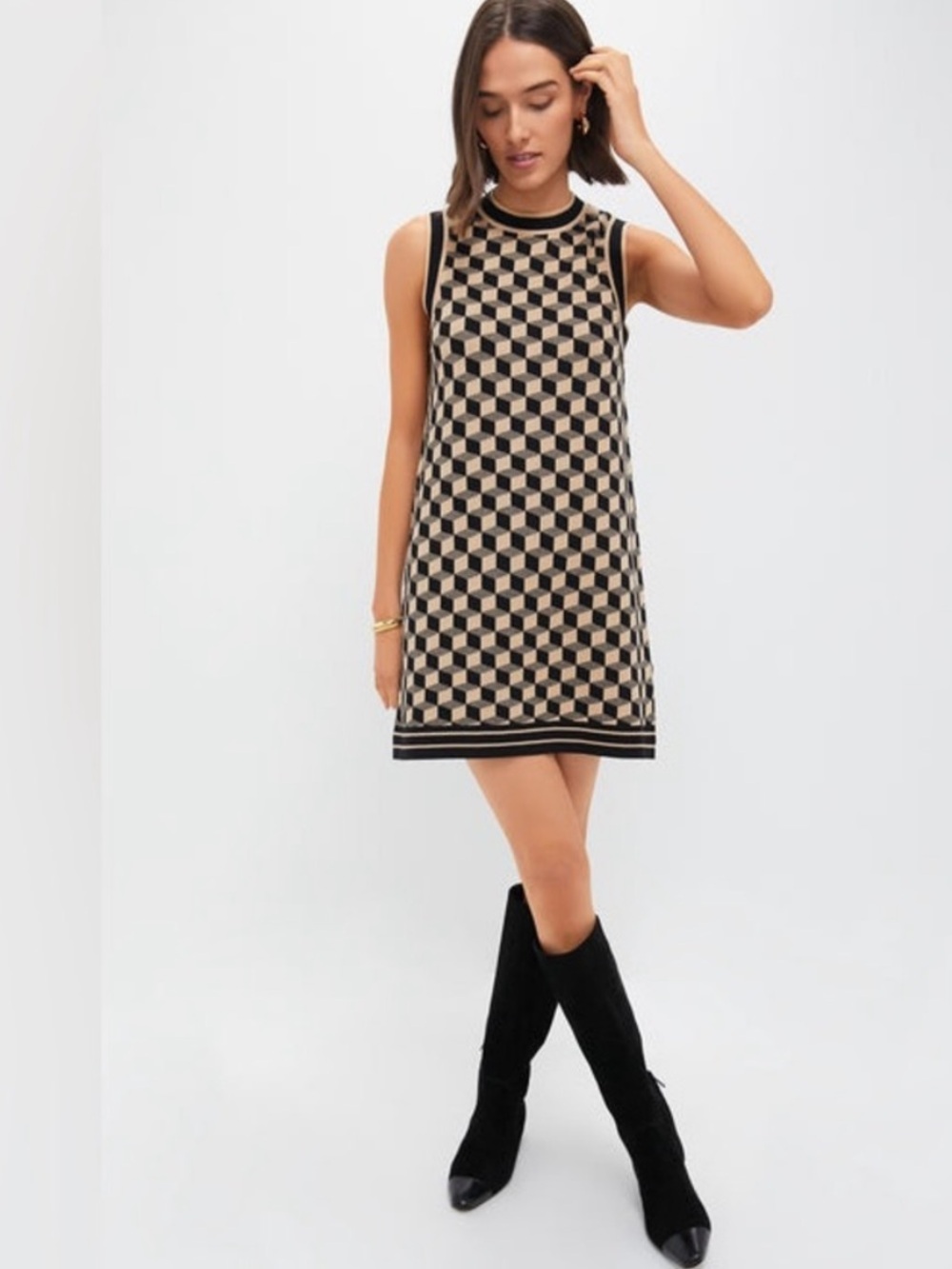 Camila Coelho Geometric High-Neck Sleeveless Knit Mini Dress, Size L